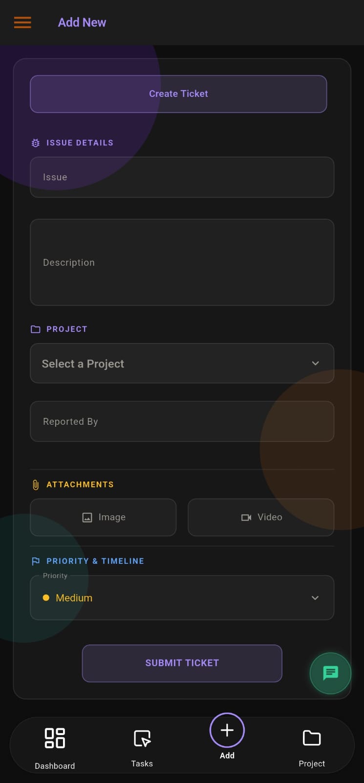 APPEO NEXUS create support ticket screen